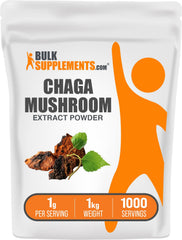 BulkSupplements Chaga Mushroom Extract Powder bottle showing packaging for daily antioxidant support.