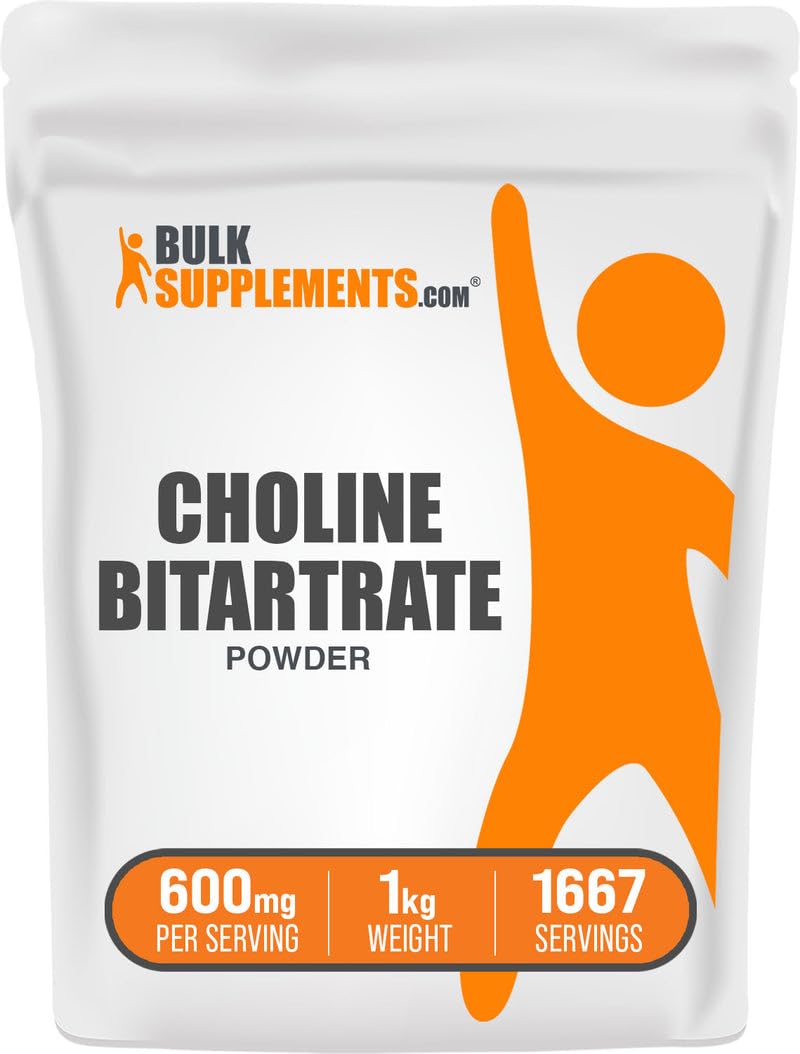 BulkSupplements choline bitartrate powder bottle; unflavored and easy to mix.
