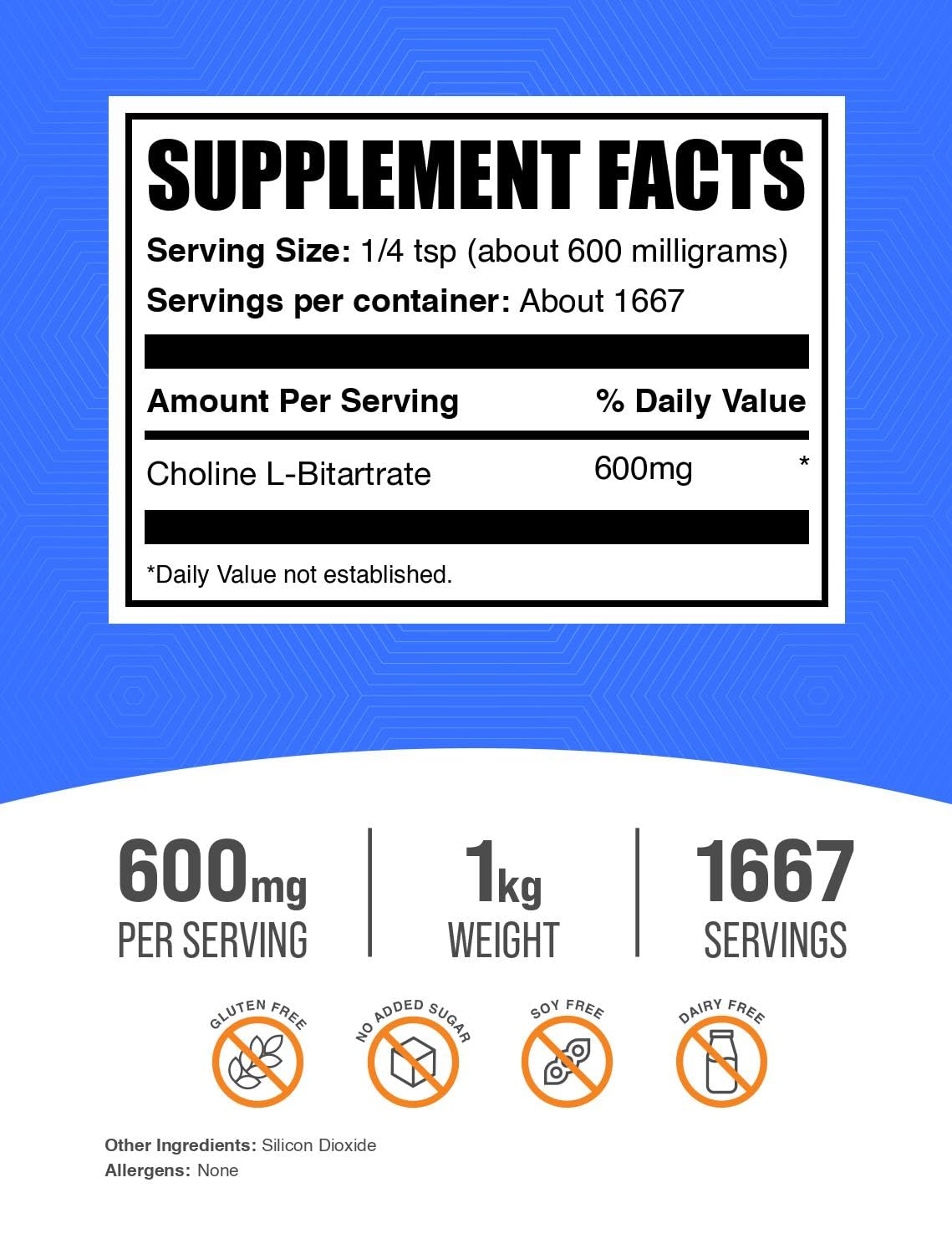 BulkSupplements choline bitartrate powder scoop; convenient 600mg servings for daily use.
