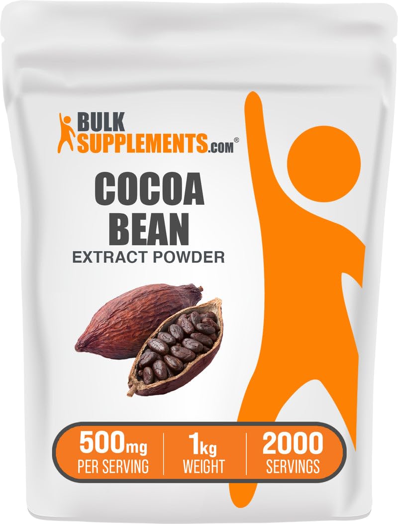 BulkSupplements Cocoa Bean Extract powder packaging, convenient daily supplement for healthy routines.