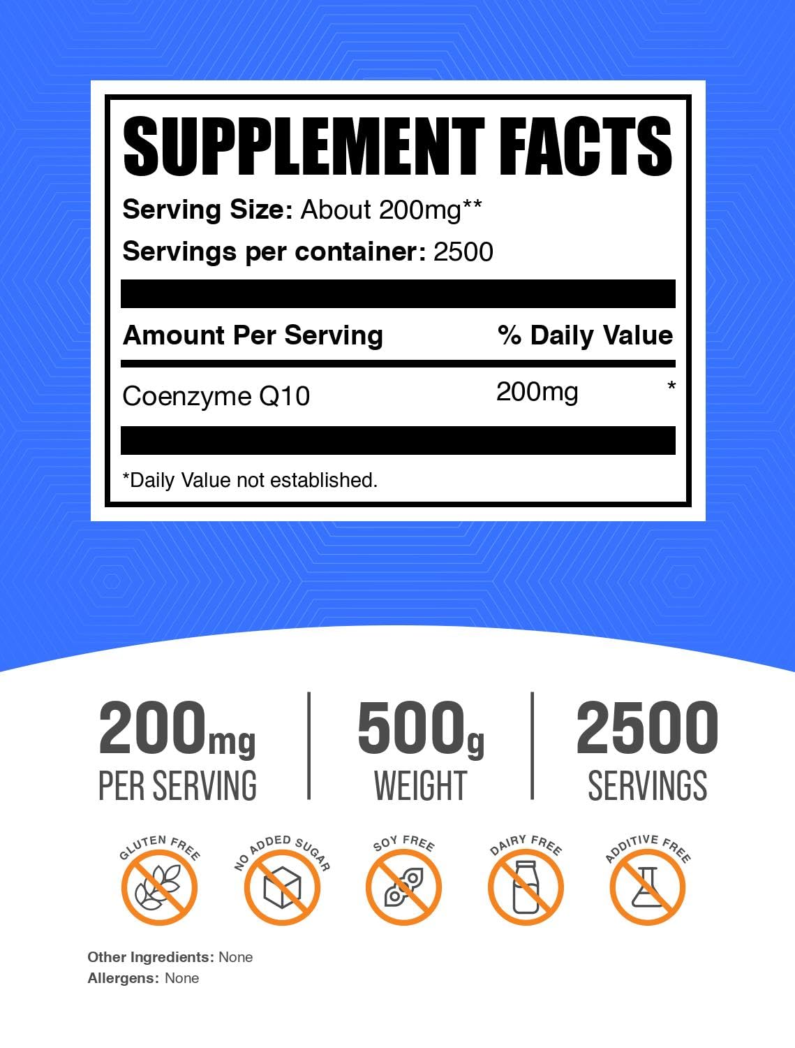 Packaging of BulkSupplements CoQ10 powder highlighting gluten-free formula.