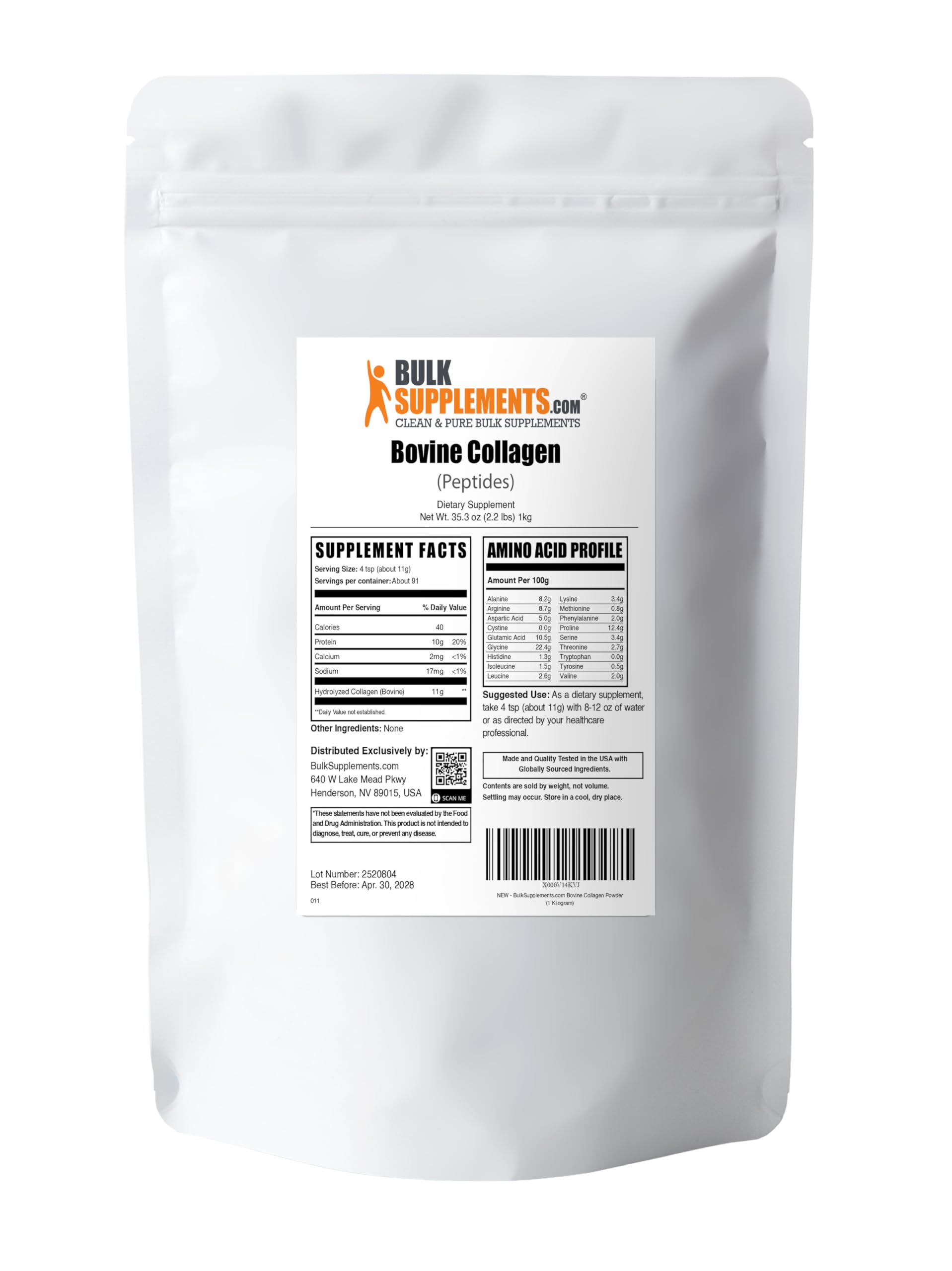BulkSupplements Collagen Peptides powder with scoop, easy mixing and measurement