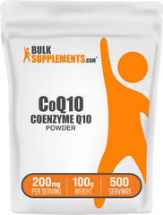 BulkSupplements CoQ10 powder bottle shown for easy daily supplementation and general wellness.