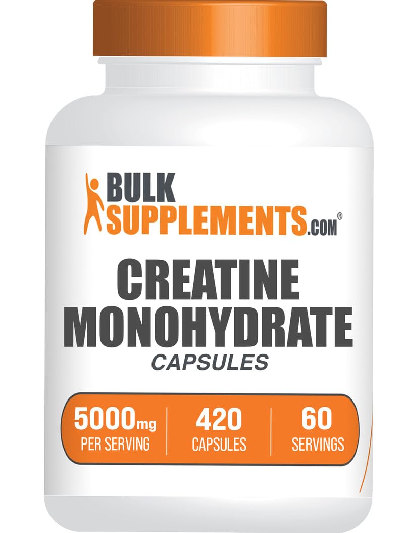 BulkSupplements Creatine Monohydrate capsules bottle front for workouts and energy support.