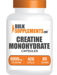 BulkSupplements Creatine Monohydrate capsules bottle front for workouts and energy support.