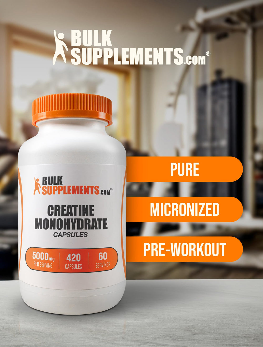 BulkSupplements Creatine Monohydrate capsules in a glass bottle with nutrition facts.