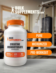 BulkSupplements Creatine Monohydrate capsules in a glass bottle with nutrition facts.