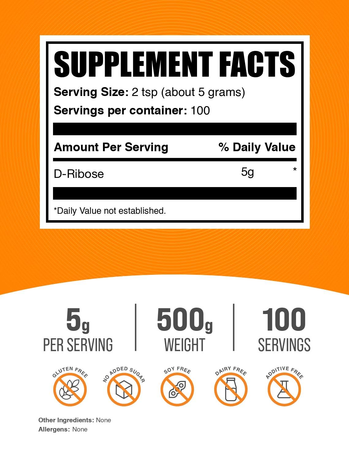 BulkSupplements D-Ribose powder with scoop highlights accurate 5 g servings.