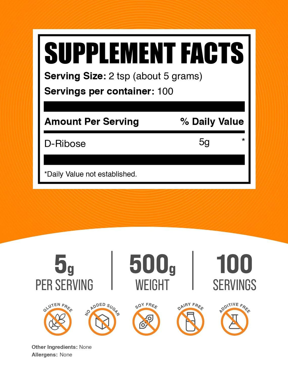 BulkSupplements D-Ribose powder with scoop highlights accurate 5 g servings.