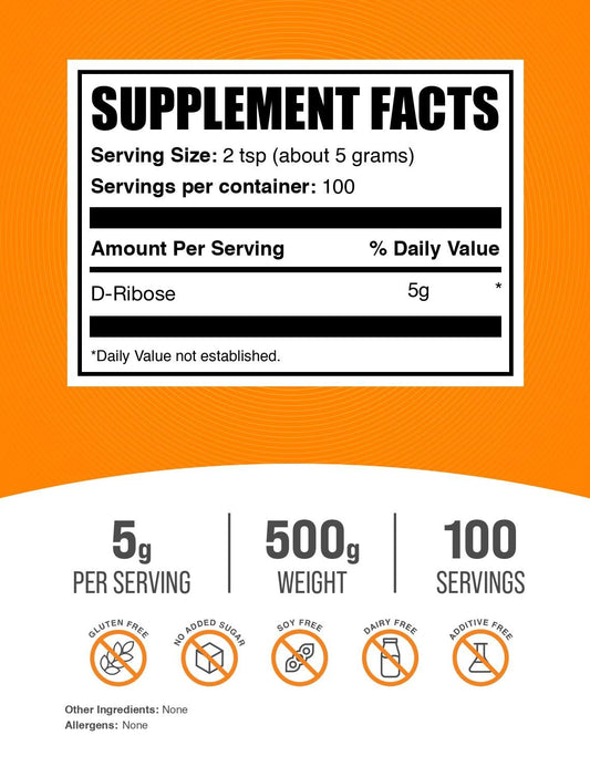 BulkSupplements D-Ribose powder with scoop highlights accurate 5 g servings.