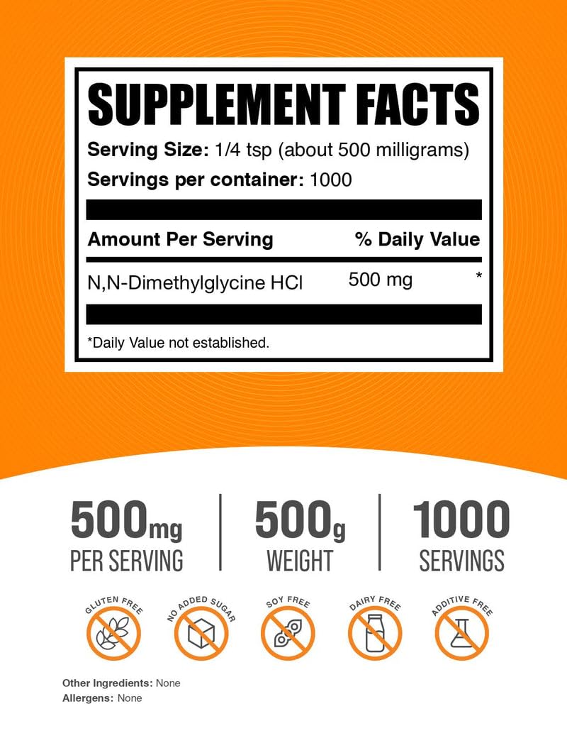BulkSupplements DMG powder bottle on shelf with gluten-free labeling and third-party testing.