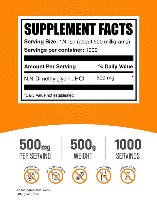 BulkSupplements DMG powder bottle on shelf with gluten-free labeling and third-party testing.