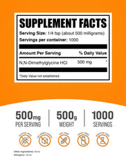 BulkSupplements DMG powder bottle on shelf with gluten-free labeling and third-party testing.