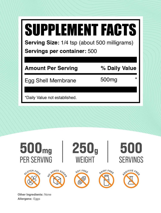 BulkSupplements Egg Shell Membrane Powder scoop showing easy 1/4 teaspoon serving.