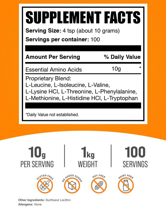 BulkSupplements Essential Amino Acids powder ingredients label highlights transparent formulation