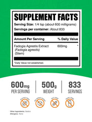 Pour shot of BulkSupplements Fadogia Agrestis extract powder for quick mixing.
