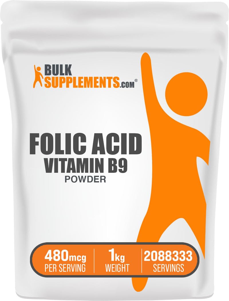 BulkSupplements folic acid powder bottle with label, supports daily vitality.