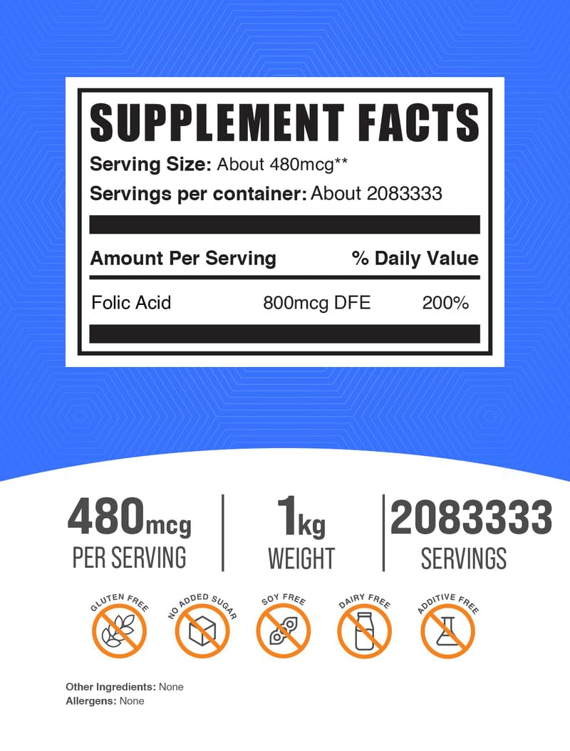 BulkSupplements folic acid powder with scoop, easy daily dosing.