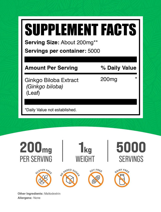BulkSupplements Ginkgo Biloba leaf powder container blends into drinks smoothly