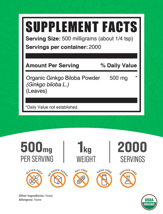 BulkSupplements Organic Ginkgo Biloba powder with scoop enables easy daily use.