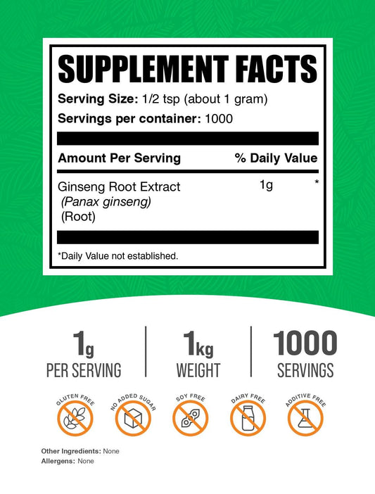 BulkSupplements Ginseng Root Extract Powder with scoop highlights easy measurement for consistent servings