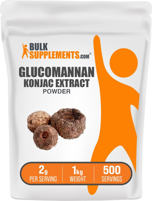 BulkSupplements Glucomannan powder with konjac root extract showing fiber-rich texture for daily wellness.