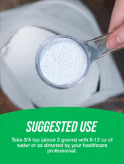 Serving spoon and scoop close-up emphasize precise 2 g-per-serving guidance.