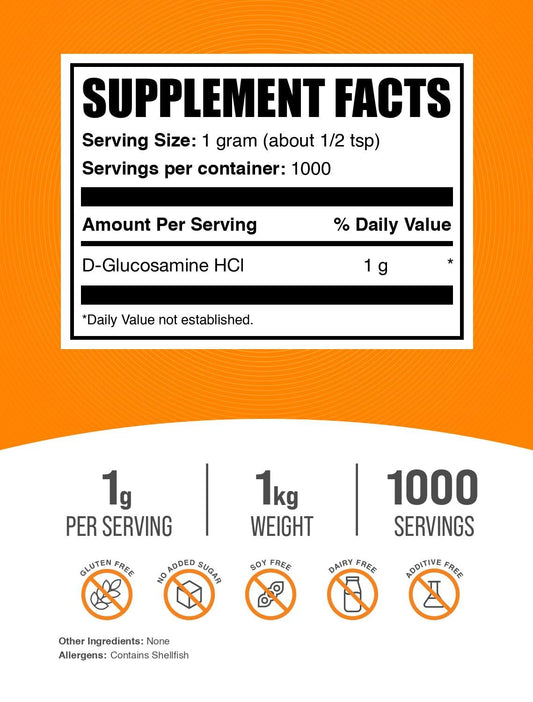 BulkSupplements Glucosamine HCl powder scoop shows convenient measure.