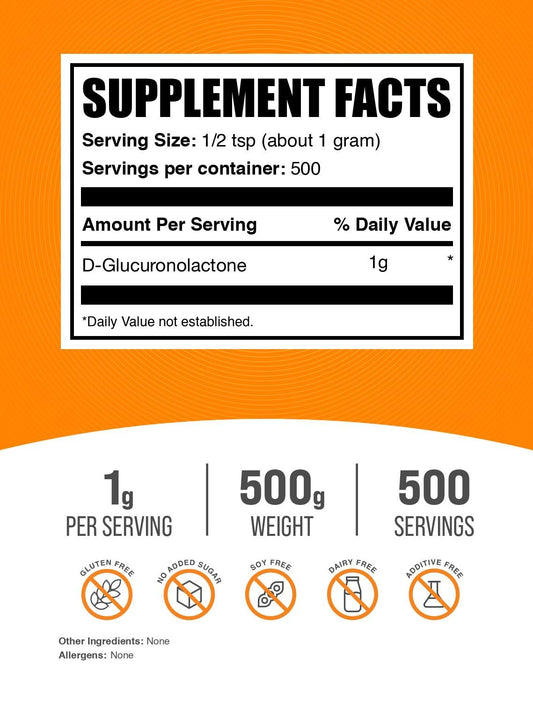 BulkSupplements Glucuronolactone powder label close-up, gluten-free formulation.