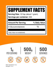 BulkSupplements Glucuronolactone powder label close-up, gluten-free formulation.