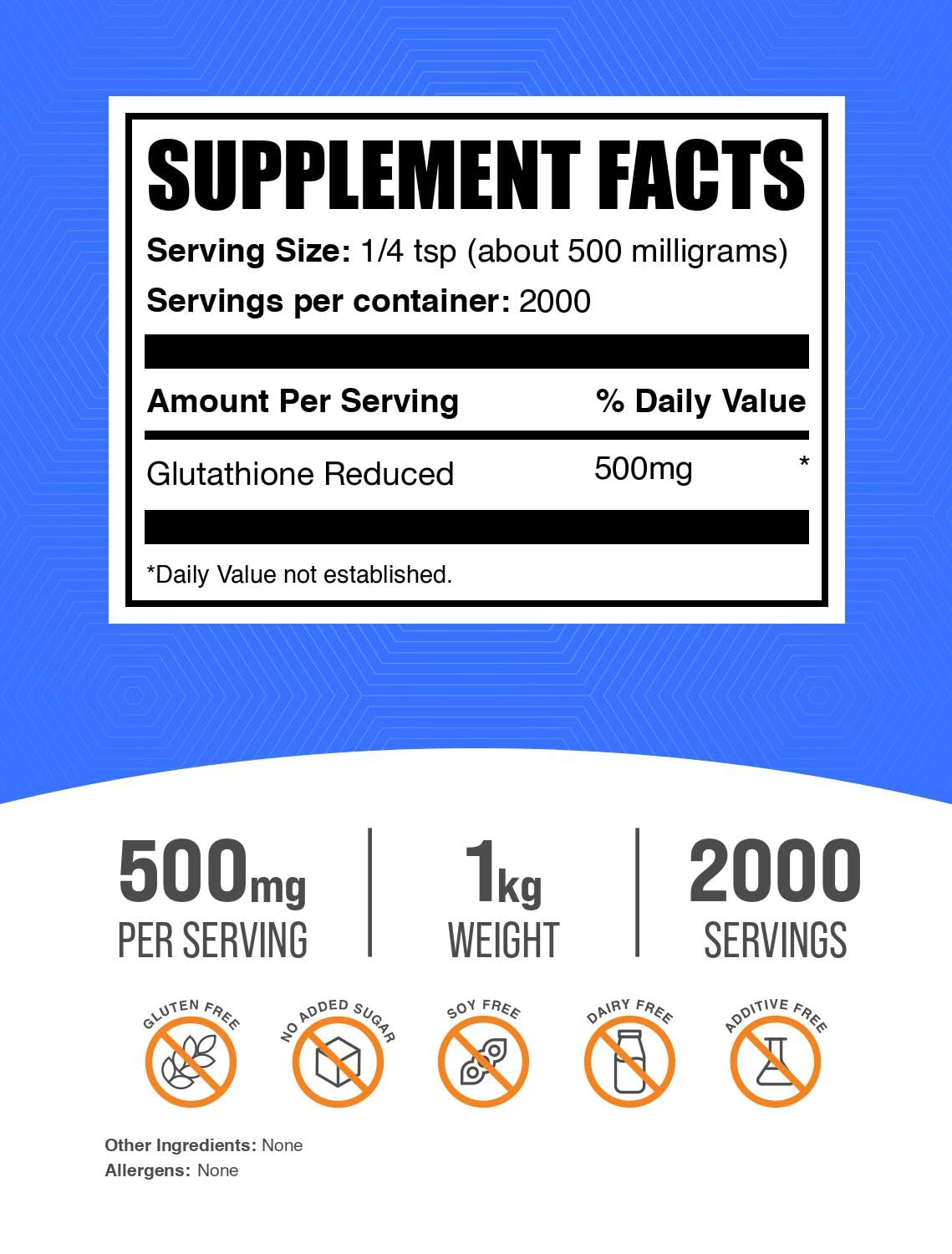 BulkSupplements Glutathione Reduced Powder ingredient label close-up highlighting quality testing