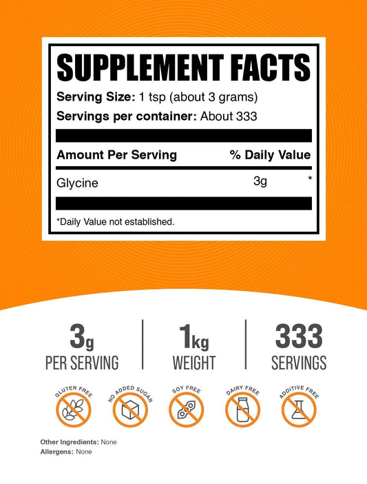 BulkSupplements Glycine powder pour-bottle demonstrates easy dosing for shakes.