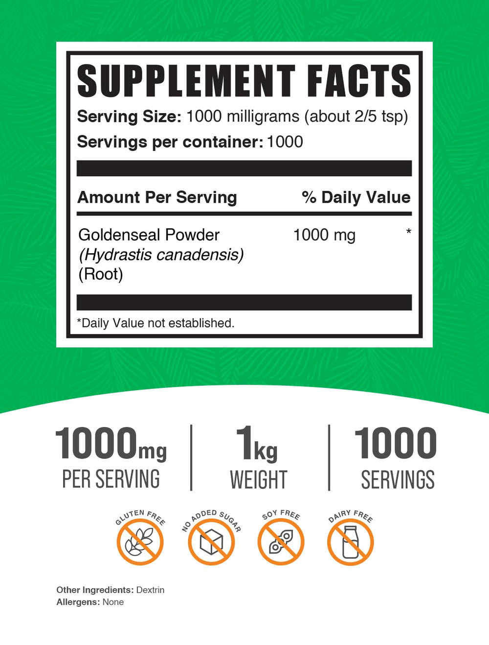 Goldenseal powder label highlights vegan and gluten-free status.
