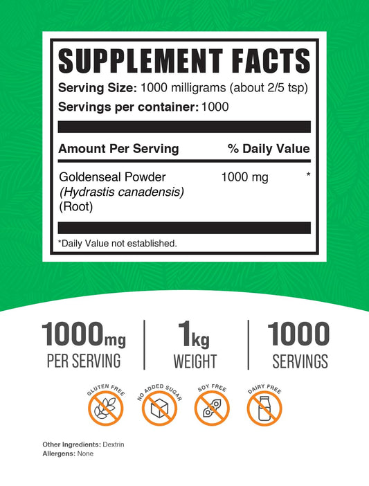 Goldenseal powder label highlights vegan and gluten-free status.