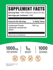 Goldenseal powder label highlights vegan and gluten-free status.