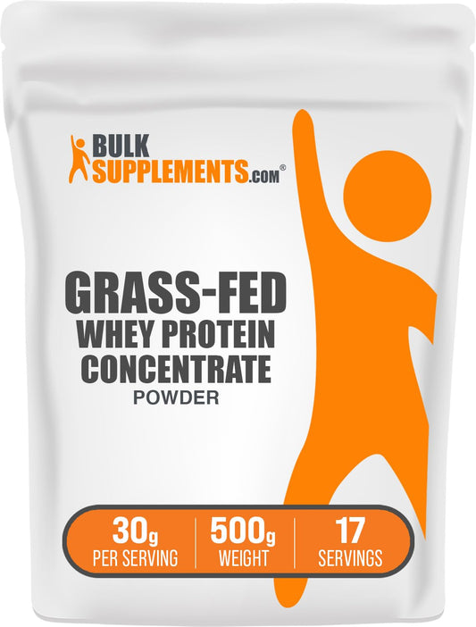 BulkSupplements grass-fed whey concentrate powder pour for smooth shakes.