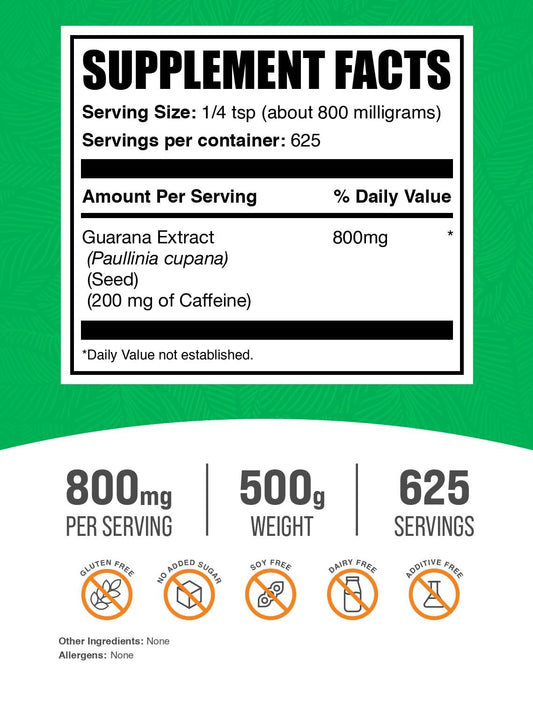 BulkSupplements Guarana Extract Powder jar closeup emphasizes gluten-free formula.