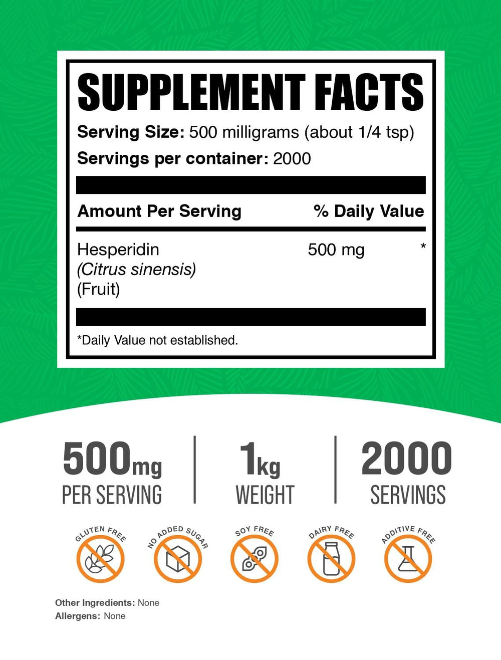 Close-up of BulkSupplements hesperidin powder jar label highlighting vegan, gluten-free formula.