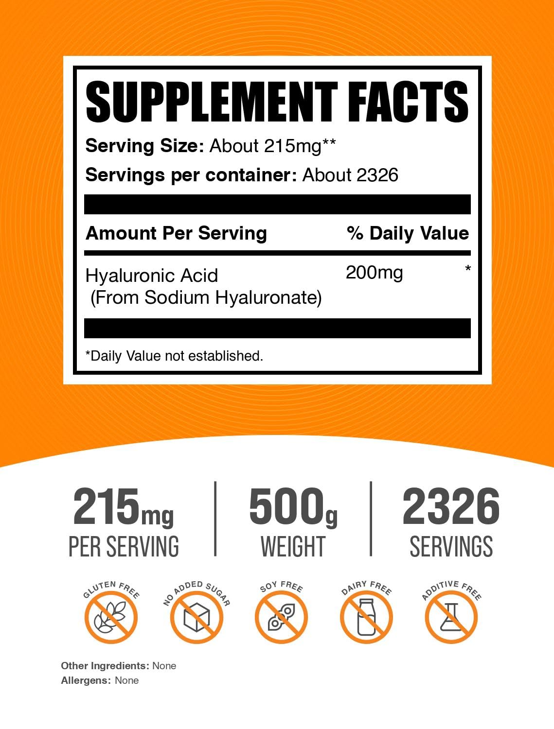 BulkSupplements Hyaluronic Acid Powder package close-up with clear labeling and gluten-free claim