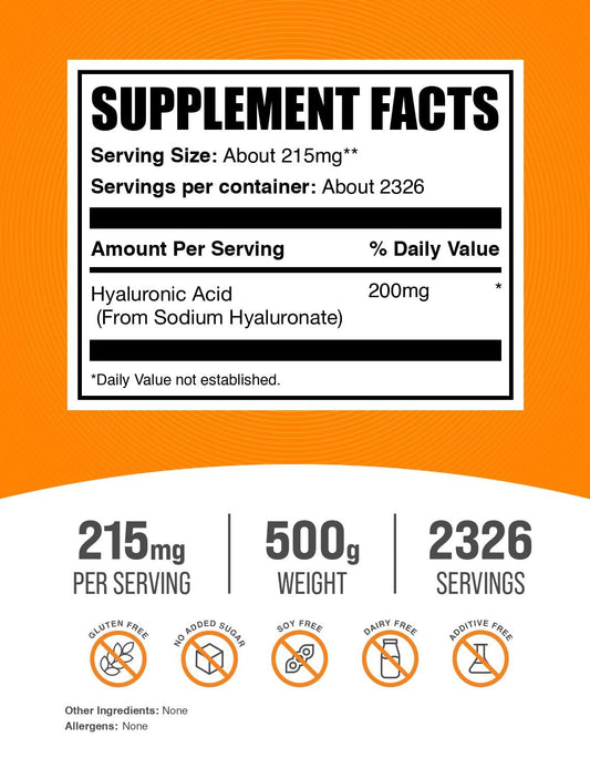 BulkSupplements Hyaluronic Acid Powder package close-up with clear labeling and gluten-free claim