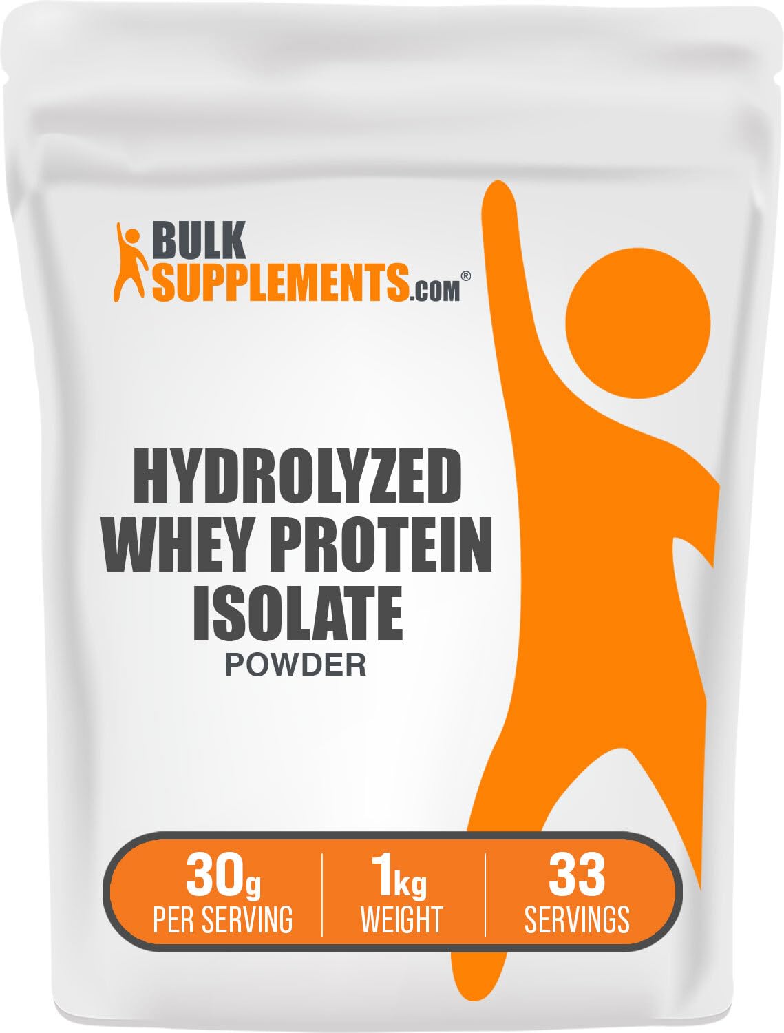 BulkSupplements hydrolyzed whey isolate powder bottle for post-workout protein.