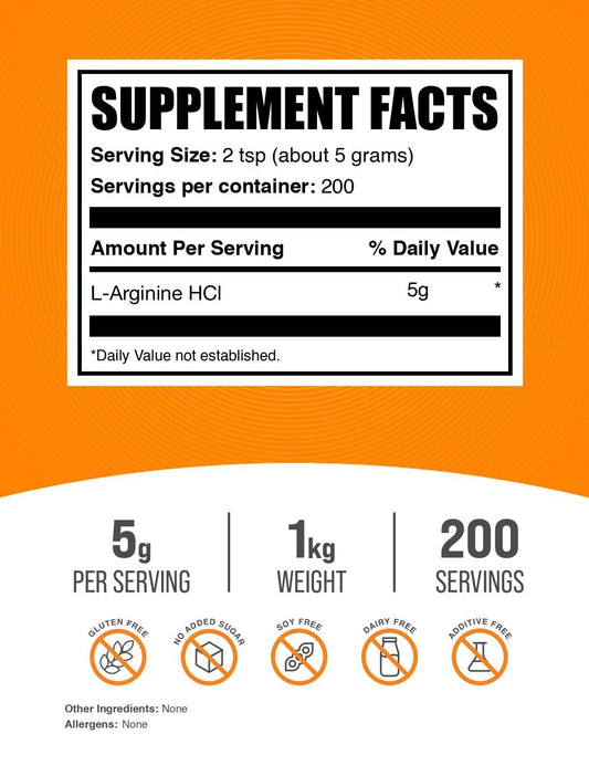BulkSupplements L-Arginine HCl unflavored powder ready to mix into drinks