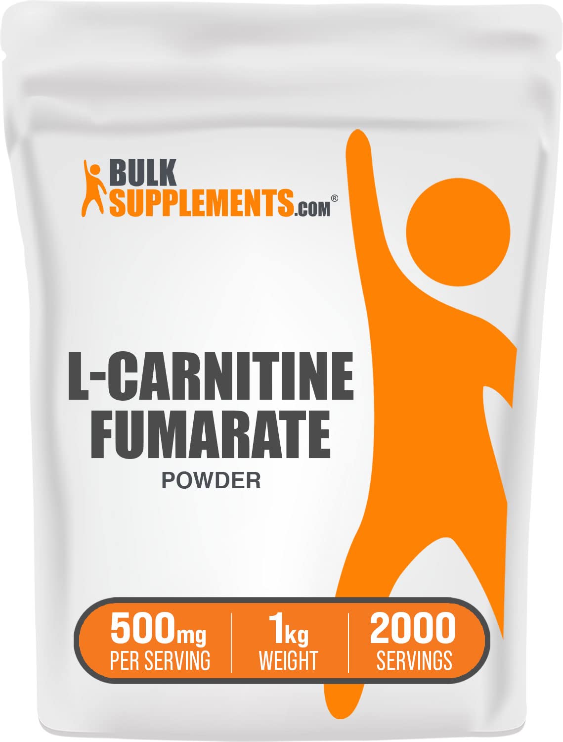 BulkSupplements L-Carnitine Fumarate Powder bottle shows easy 500mg servings for workouts.