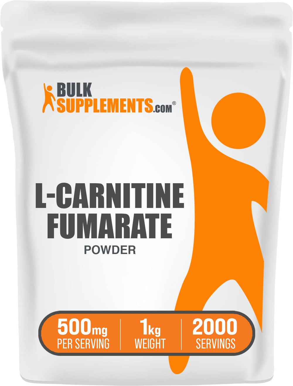 BulkSupplements L-Carnitine Fumarate Powder bottle shows easy 500mg servings for workouts.