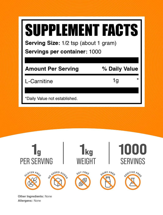 BulkSupplements L-Carnitine powder with scoop ready to blend into shakes.