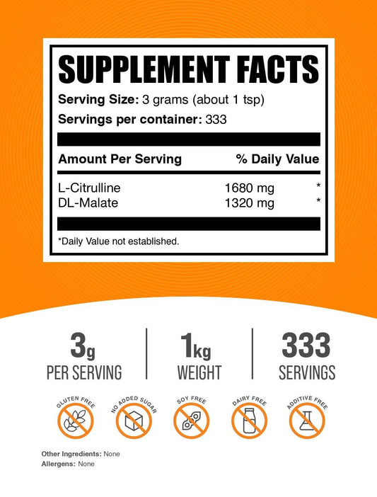 L-Citrulline Malate powder scoop showing precise 3 g portions for workouts.