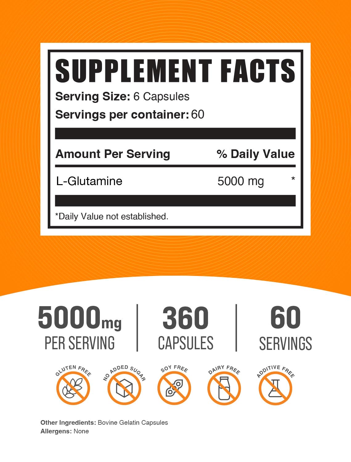 BulkSupplements L-Glutamine capsules close-up shows 5000mg per serving for recovery