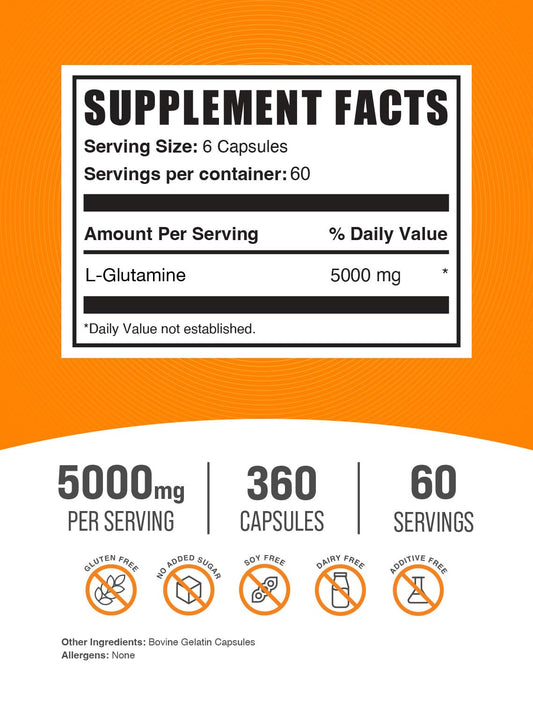 BulkSupplements L-Glutamine capsules close-up shows 5000mg per serving for recovery