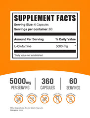 BulkSupplements L-Glutamine capsules close-up shows 5000mg per serving for recovery