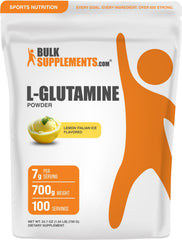 BulkSupplements L-Glutamine Lemon Italian Ice bottle for post-workout flavor and mixing.